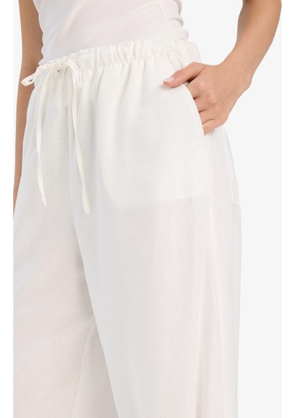 Wide Leg Çift Cepli Beli Lastikli Standart Boy Keten Karışımlı Beyaz Pantolon E1981AX25SM indirimleri