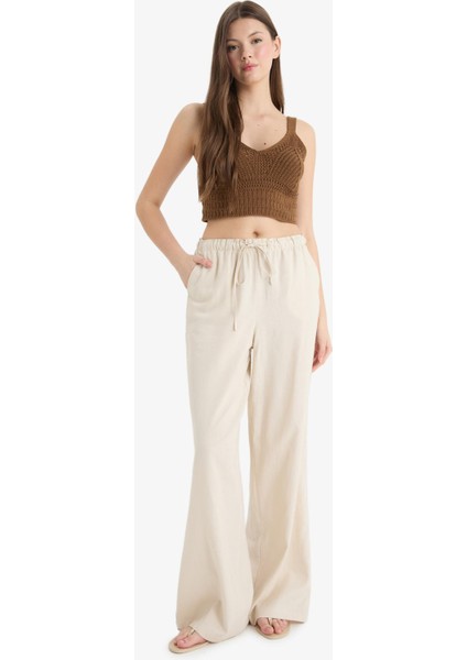 Wide Leg Çift Cepli Beli Lastikli Standart Boy Keten Karışımlı Pantolon E1981AX25SM