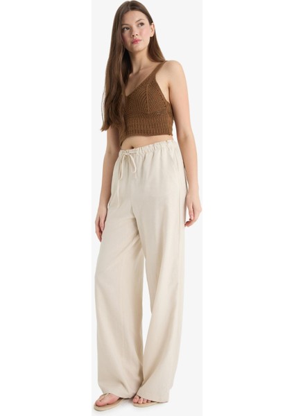 Wide Leg Çift Cepli Beli Lastikli Standart Boy Keten Karışımlı Pantolon E1981AX25SM fiyatları
