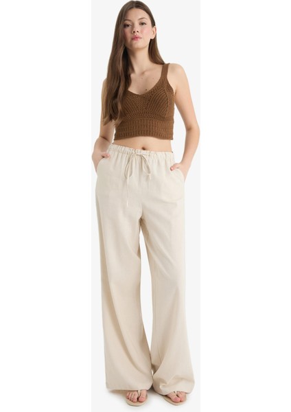 Wide Leg Çift Cepli Beli Lastikli Standart Boy Keten Karışımlı Pantolon E1981AX25SM modelleri