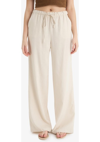 Wide Leg Çift Cepli Beli Lastikli Standart Boy Keten Karışımlı Pantolon E1981AX25SM fırsatları