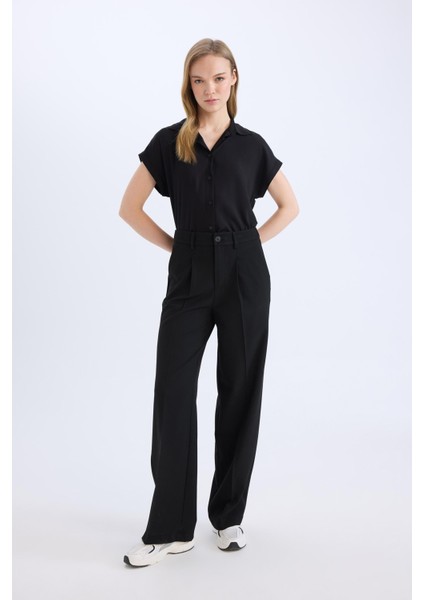 Wide Leg Klasik Kumaş Pantolon Basic Düz Geniş Bol Paça Çift Cepli Yüksek Bel Standart Boy D4360AX25SP