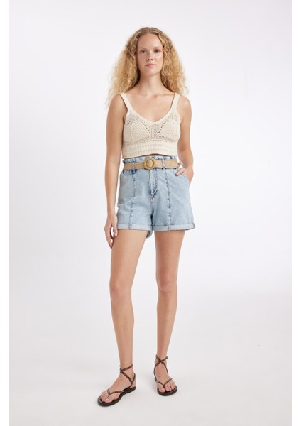 Paperbag Yüksek Bel Katlamalı Paça Jean Şort C0694AX24SM
