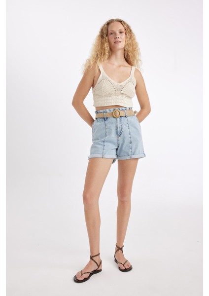 Paperbag Yüksek Bel Katlamalı Paça Jean Şort C0694AX24SM modelleri