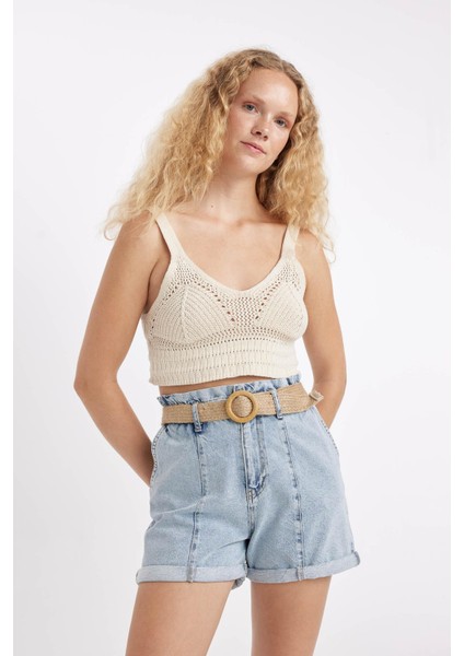 Paperbag Yüksek Bel Katlamalı Paça Jean Şort C0694AX24SM fırsatları