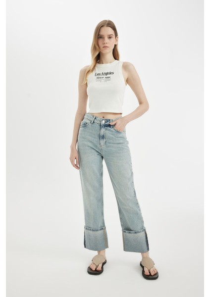 Straight Fit Yüksek Bel Katlamalı Paça Bilek Boy Jean Yıkamalı Pantolon D0327AX24HS