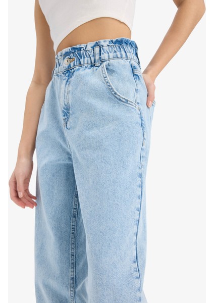 Paperbag Beli Lastikli Bilek Boy Jean Yıkamalı Pantolon E3184AX25SP