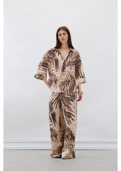 Wide Leg Desenli Modal Kumaş Palazzo Pantolon Yüksek Bel Düz Geniş Paça E8599AX25SM