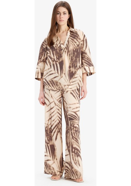 Wide Leg Desenli Modal Kumaş Palazzo Pantolon Yüksek Bel Düz Geniş Paça E8599AX25SM