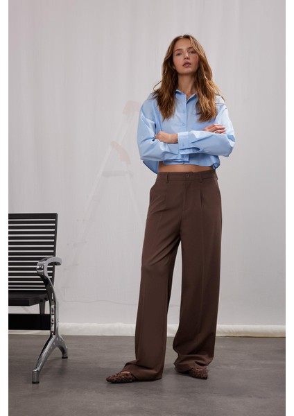 Klasik Kumaş Palazzo Pantolon Wide Leg Geniş Bol Paça Çift Cepli Yüksek Bel Standart Boy Basic Düz D4360AX25SP fırsatları