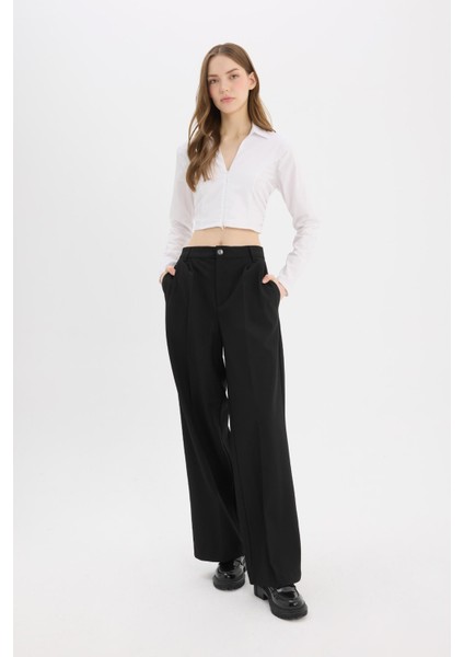 Klasik Kumaş Pantolon Wide Leg Geniş Bol Paça Fleto Cepli Yüksek Bel Standart Boy Basic Düz D8150AX24AU