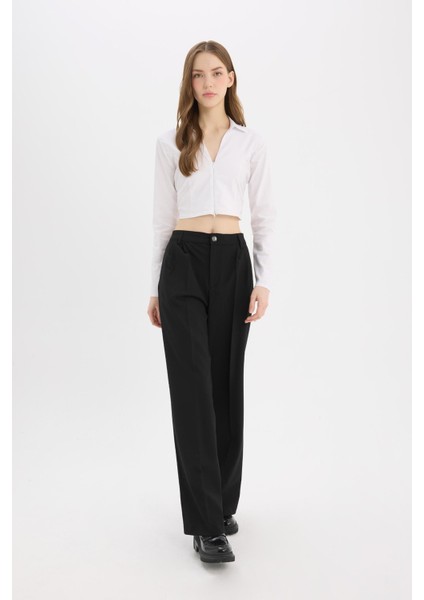 Klasik Kumaş Pantolon Wide Leg Geniş Bol Paça Fleto Cepli Yüksek Bel Standart Boy Basic Düz D8150AX24AU modelleri