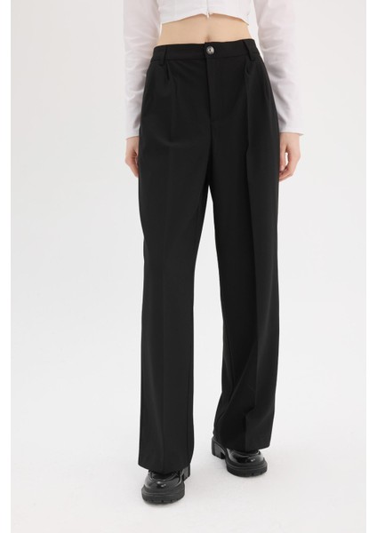 Klasik Kumaş Pantolon Wide Leg Geniş Bol Paça Fleto Cepli Yüksek Bel Standart Boy Basic Düz D8150AX24AU fırsatları