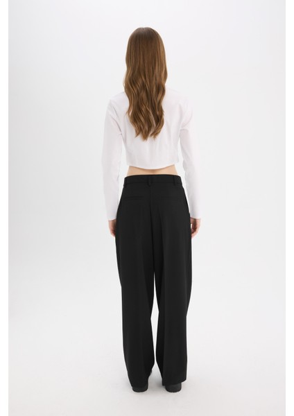 Klasik Kumaş Pantolon Wide Leg Geniş Bol Paça Fleto Cepli Yüksek Bel Standart Boy Basic Düz D8150AX24AU