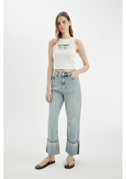 Straight Fit Yüksek Bel Katlamalı Paça Bilek Boy Jean Yıkamalı Pantolon D0327AX24HS fırsatları