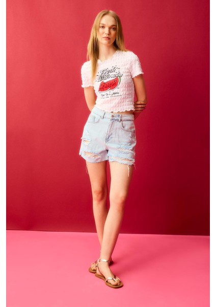 Mom Fit Yüksek Bel Paça Ucu Kesik Jean Şort C0680AX24HS fiyatları