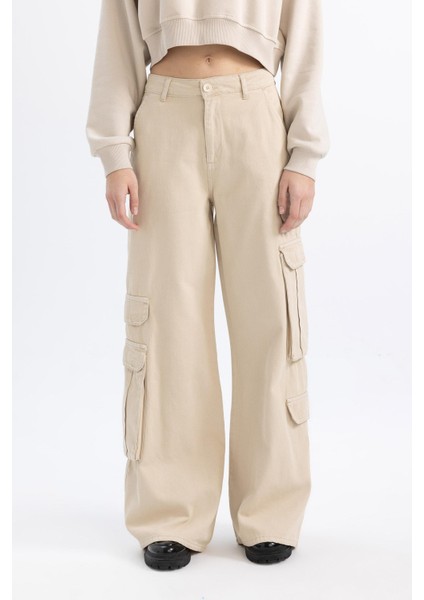Coool Basic Düz Wide Leg Geniş Bol Paça Pantolon Gabardin Kumaş Kargo Cepli C3890AX24SP