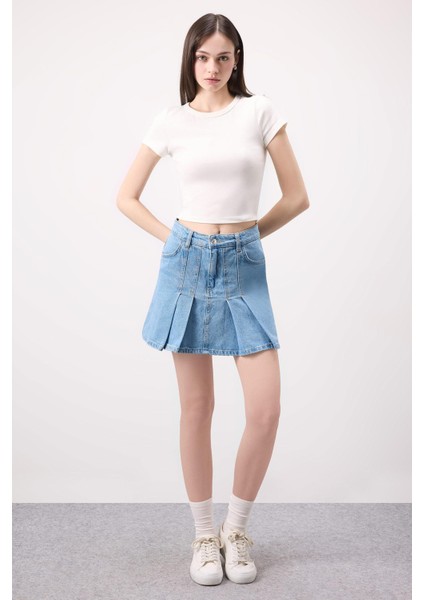 Fashion Fit Pileli Jean Mini Etek B9853AX24SM