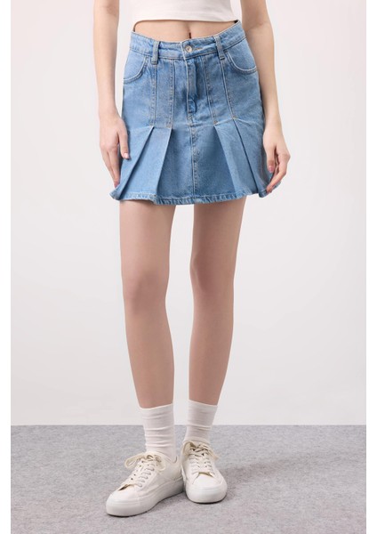 Fashion Fit Pileli Jean Mini Etek B9853AX24SM fırsatları