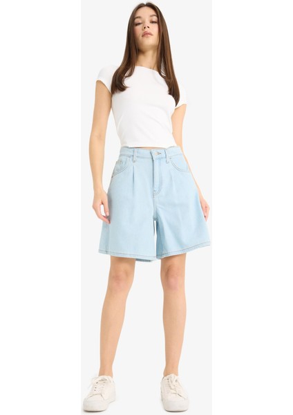 Yüksek Bel Yumuşak Jean Bermuda Şort E0960AX25SM