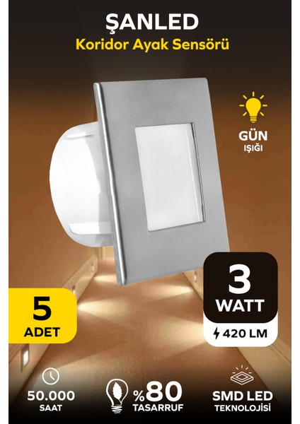3W Gün Işığı Koridor Ayak Radar Sensörlü Led Geçmeli Spot Aydınlatma 5 Adet