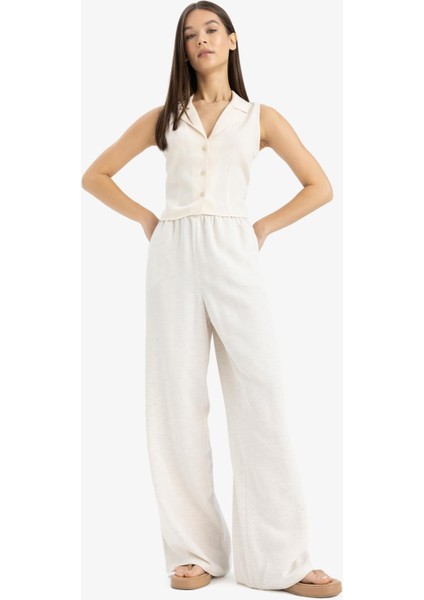 Keten Karışımlı Palazzo Pantolon Wide Leg Geniş Bol Paça Üç Cepli Normal Bel Basic Düz Standart Boy C4545AX25SP