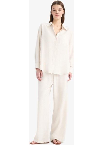 Keten Karışımlı Pantolon Wide Leg Geniş Bol Paça Basic Düz Çift Cepli Yüksek Bel Standart Boy C6021AX25SP
