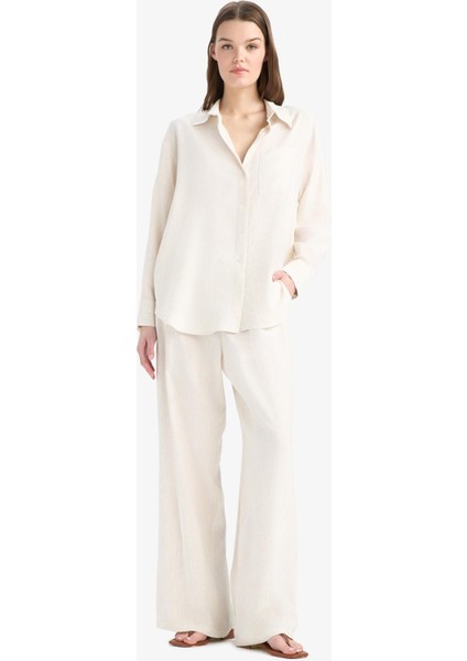 Keten Karışımlı Pantolon Wide Leg Geniş Bol Paça Basic Düz Çift Cepli Yüksek Bel Standart Boy C6021AX25SP fiyatları