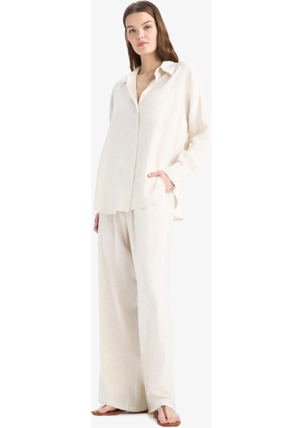 Keten Karışımlı Pantolon Wide Leg Geniş Bol Paça Basic Düz Çift Cepli Yüksek Bel Standart Boy C6021AX25SP modelleri