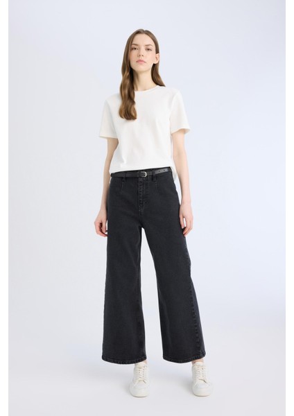 Culotte Yüksek Bel Rahat Kalıp Bilek Boy İspanyol Paça Kemerli Jean Yıkamalı Pantolon D5887AX25SP fiyatları