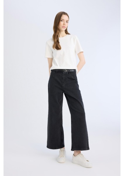 Culotte Yüksek Bel Rahat Kalıp Bilek Boy İspanyol Paça Kemerli Jean Yıkamalı Pantolon D5887AX25SP modelleri