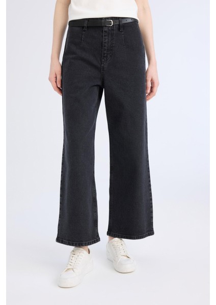 Culotte Yüksek Bel Rahat Kalıp Bilek Boy İspanyol Paça Kemerli Jean Yıkamalı Pantolon D5887AX25SP fırsatları