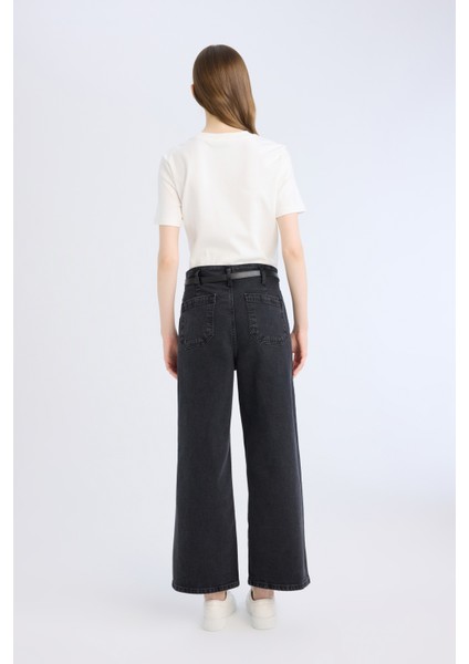 Culotte Yüksek Bel Rahat Kalıp Bilek Boy İspanyol Paça Kemerli Jean Yıkamalı Pantolon D5887AX25SP