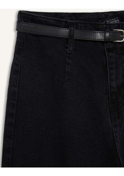Culotte Yüksek Bel Rahat Kalıp Bilek Boy İspanyol Paça Kemerli Jean Yıkamalı Pantolon D5887AX25SP