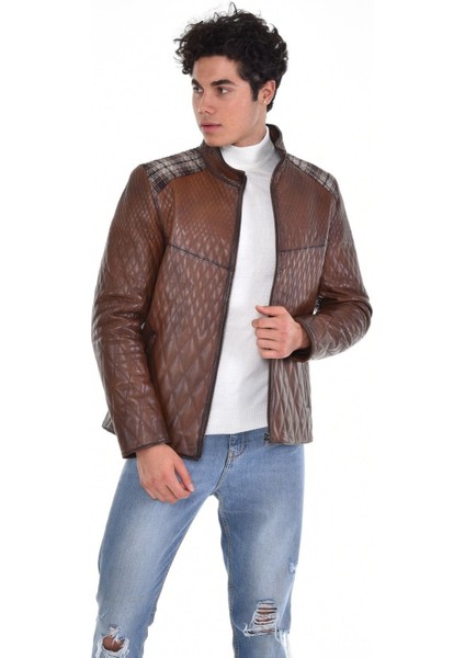 Hakiki Deri Siyah Erkek Deri Mont Baklava Desenli Fermuarlı Deri Ceket