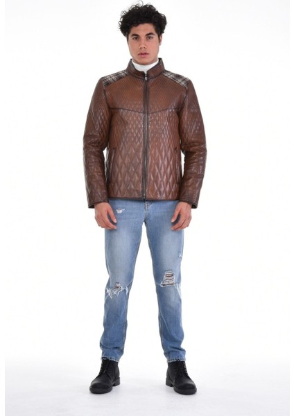 Hakiki Deri Siyah Erkek Deri Mont Baklava Desenli Fermuarlı Deri Ceket