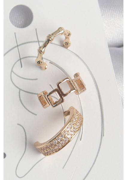 Pirinç Gold Renk Kare Model Zirkon Taşlı 3'lü Model Kadın Kıkırdak Küpe