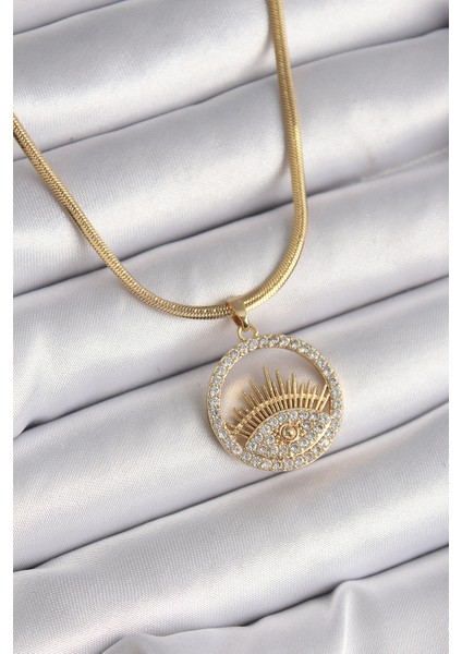 316L Çelik Gold Renk Italyan Zincir Zirkon Taşlı Göz Model Kadın Kolye - TJ-BKO9593