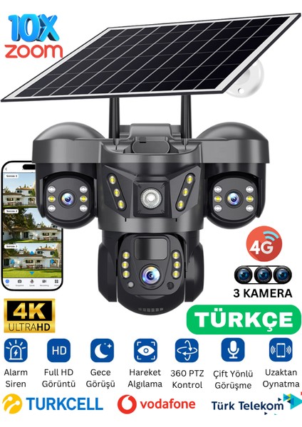 RX66G Solar Güvenlik Kamerası Türkçe 4G Sim Kartlı PTZ Hareketli Gece Görüşlü Güneş Panelli Kamera