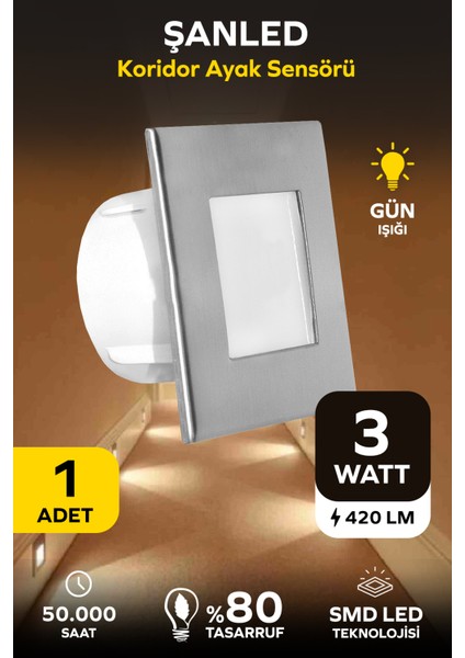3W Gün Işığı Koridor Ayak Radar Sensörlü Led Geçmeli Spot Aydınlatma 2 Adet