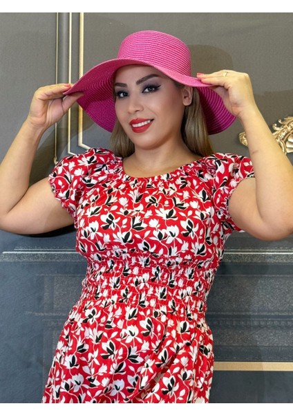 Kadın Hasır Şapkası,yuvarlak Şapka Güneş Koruması Geniş Kenarlı Yazlık Plaj Fuşya modelleri