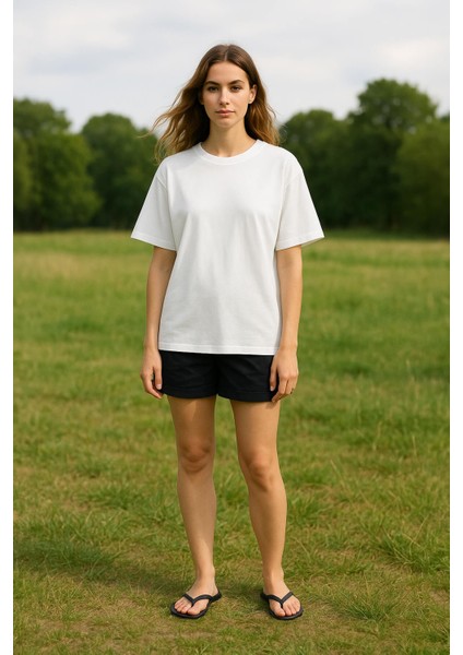 Kadın Bisiklet Yaka Oversize %100 Pamuk t-Shirt