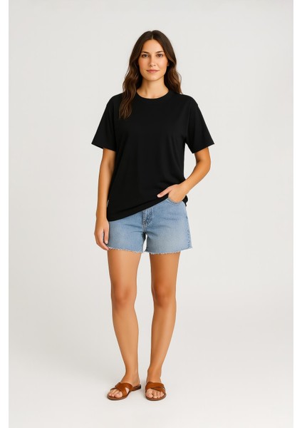 Kadın Bisiklet Yaka Oversize %100 Pamuk t-Shirt