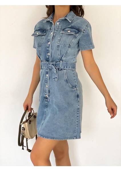 Kısa Kol Cepli Kuşaklı Elbise fırsatları