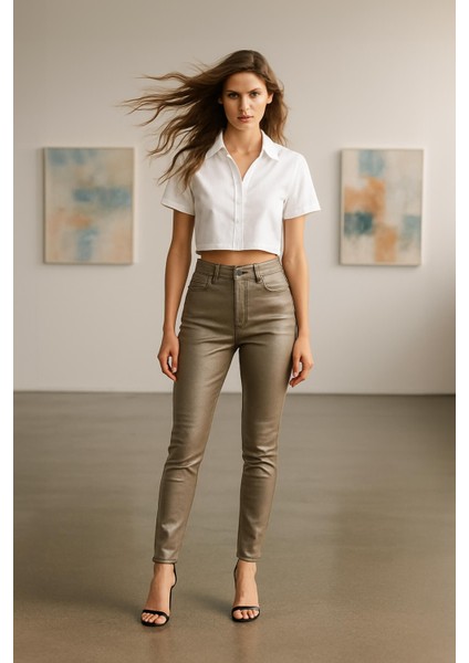 Kadın Yüksek Bel Parlak Mum Kumaş Straight Fit Jean Pantolon