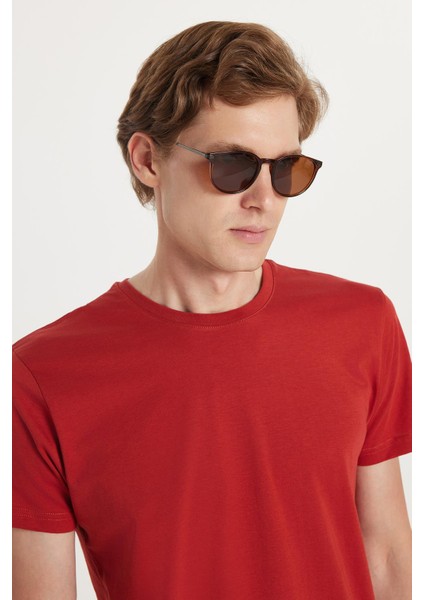 Unisex Slim Fit Dar Kesim %100 Pamuk Yumuşak Dokulu Kiremit Bisiklet Yaka Tişört