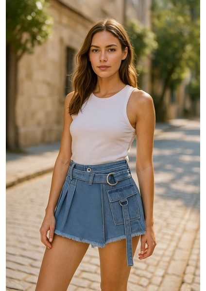 Kadın Yüksek Bel Kemerli Jean Şort Etek