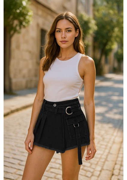 Kadın Yüksek Bel Kemerli Jean Şort Etek