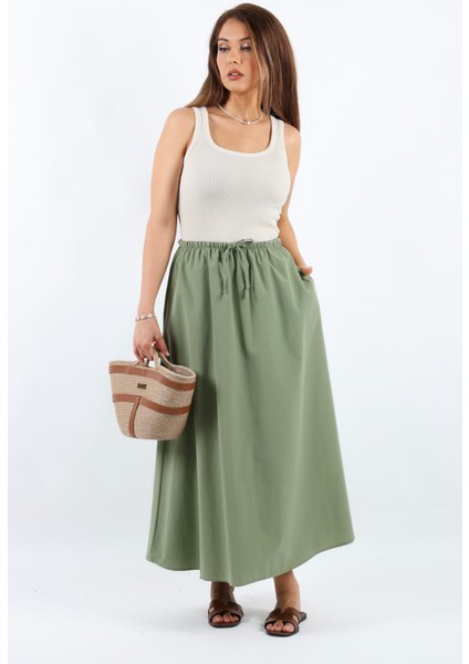 Kadın Alya Haki Astarlı Cepli Poplin Etek
