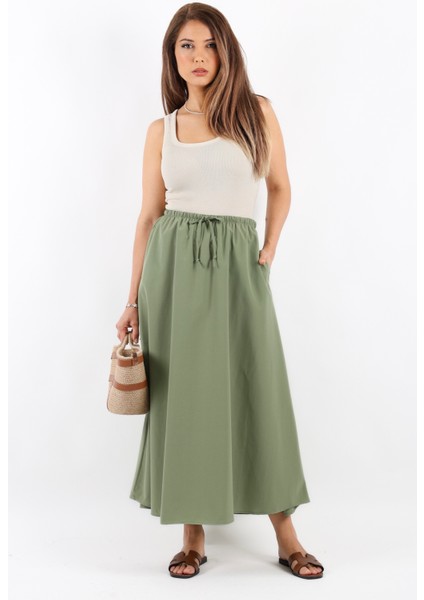 Kadın Alya Haki Astarlı Cepli Poplin Etek